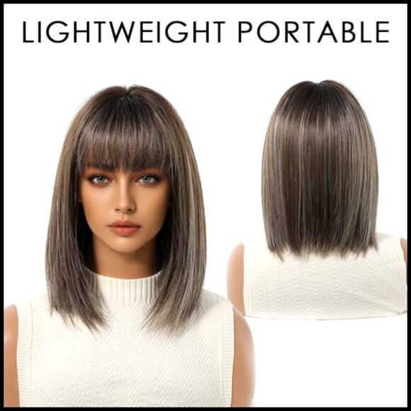 Synthetic Bob Wig with Bangs Shoulder Length Straight Layered Daily Wear main image 4